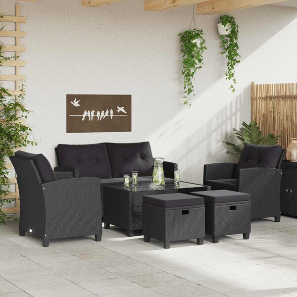 6 részes fekete polyrattan kerti ülőgarnitúra párnákkal