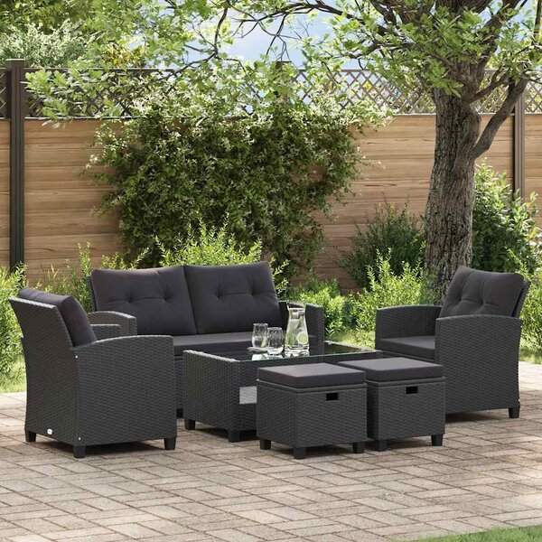 6 részes fekete polyrattan kerti ülőgarnitúra párnákkal