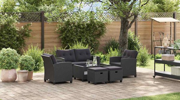 6 részes fekete polyrattan kerti ülőgarnitúra párnákkal