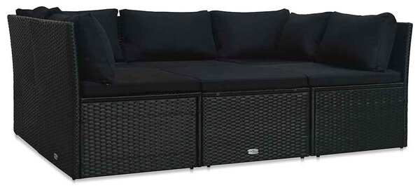 4 részes fekete polyrattan kerti bútorszett párnákkal