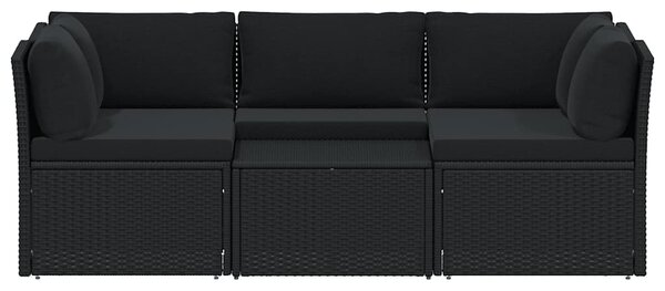 4 részes fekete polyrattan kerti bútorszett párnákkal