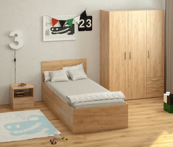 KONDELA Ágy fém ráccsal és tárolóhellyel, 90x200, tölgy craft arany, DOLI