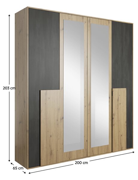 KONDELA Hálószoba szett (szekrény+ágy+2x éjjeliszekrény), artisan tölgy/fekete norvég fenyő, BAFRA