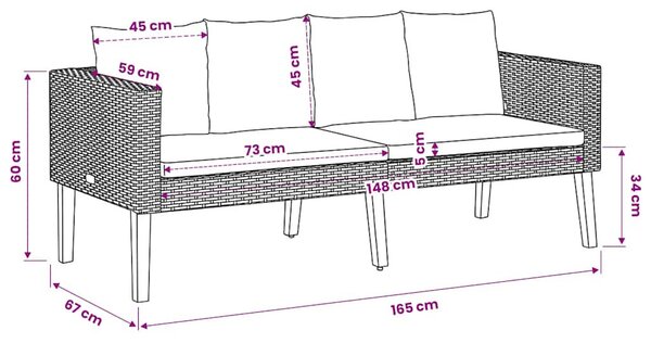 Kétszemélyes fekete polyrattan kerti kanapé párnákkal