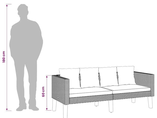 Kétszemélyes fekete polyrattan kerti kanapé párnákkal