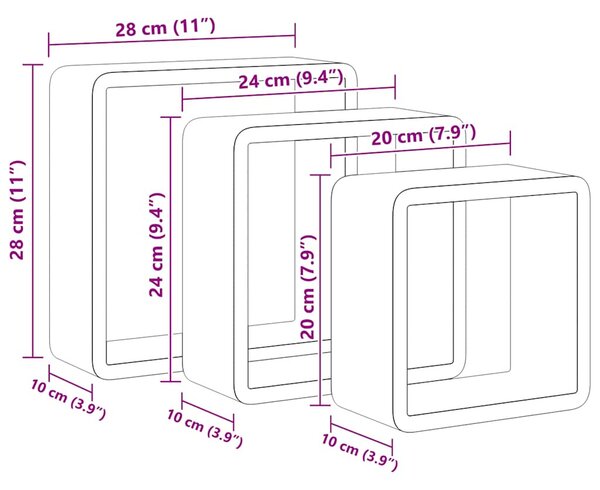3 db fekete MDF fali kockapolc