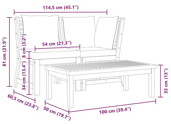 3 részes tömör akácfa kerti ülőgarnitúra krémszínű párnával