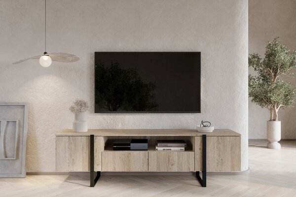 Verica 200 cm-es TV-szekrény nyitott polccal - szivacsos tölgy / fekete lábak