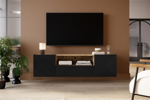 Asha fali TV szekrény 167 cm fiókkal és nyitott polccal - artisan / matt fekete