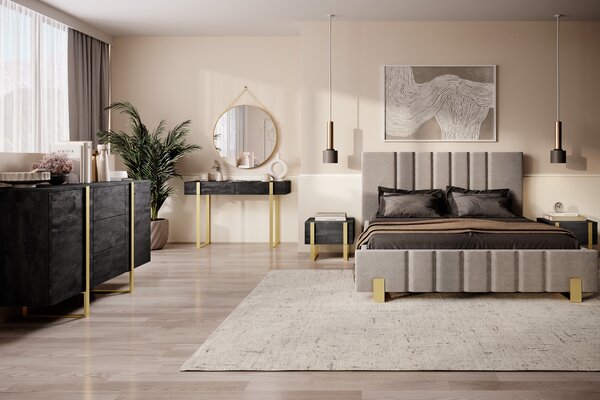 Verica modern konzolasztal / fésülködőasztal 120 cm fém lábakkal - fekete beton / arany lábak