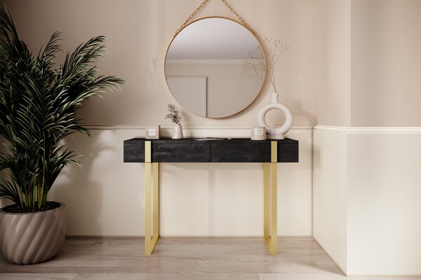 Verica modern konzolasztal / fésülködőasztal 120 cm fém lábakkal - fekete beton / arany lábak