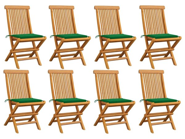 8 db tömör tíkfa kerti szék zöld párnával