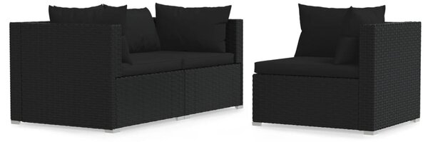 3 részes fekete polyrattan kerti ülőgarnitúra párnákkal