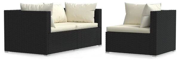 3 részes fekete polyrattan kerti ülőgarnitúra párnákkal