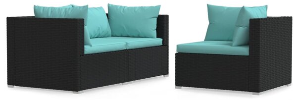 3 részes fekete polyrattan kerti ülőgarnitúra párnákkal