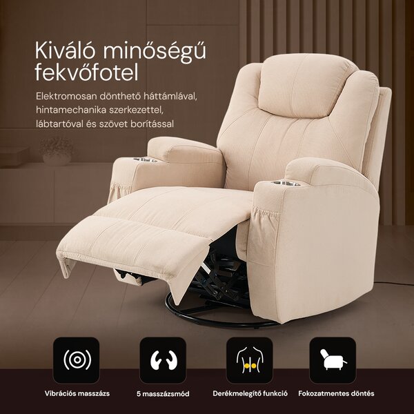 Elektromos relax fotelágy 8 pontos masszázs magyar nyelvű távirányítóval, ringató és forgatható funkció rozsdamentes pohártartó Snowflake textil bézs 2#