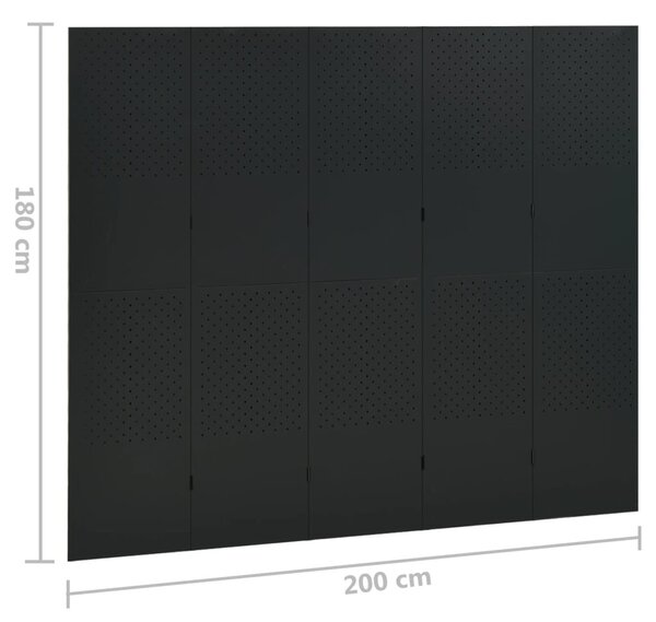 Fekete acél 5-paneles paraván 200 x 180 cm