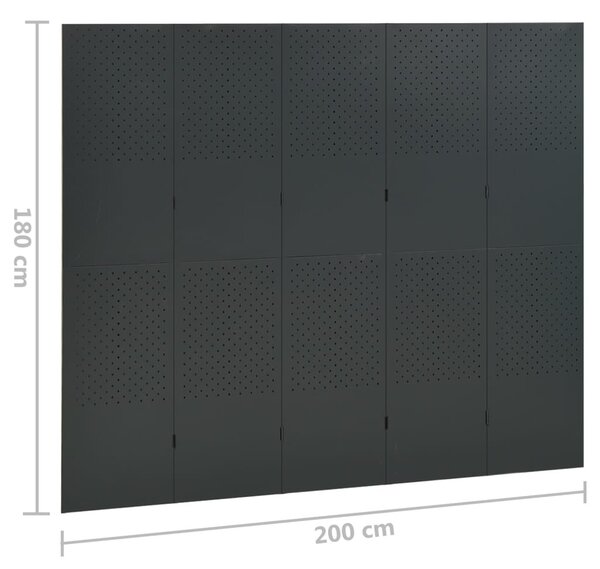 2 db antracitszürke acél 5-paneles térelválasztó 200 x 180 cm
