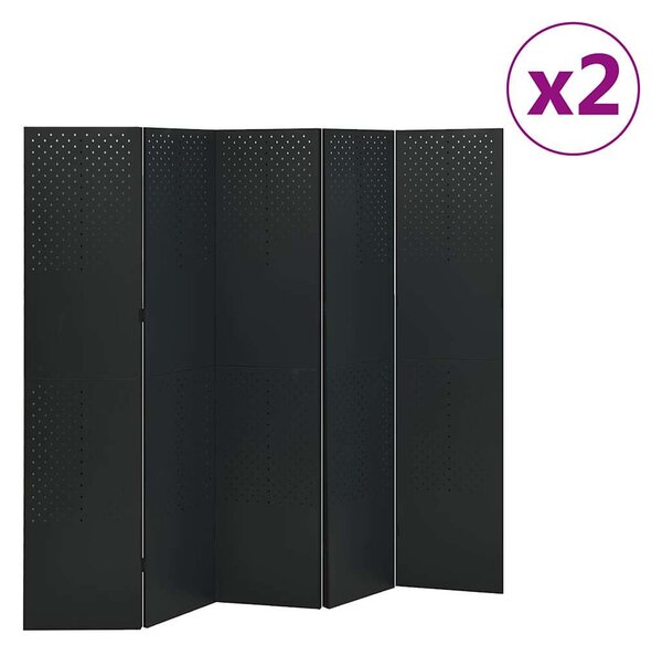 2 db fekete acél 5-paneles térelválasztó 200 x 180 cm
