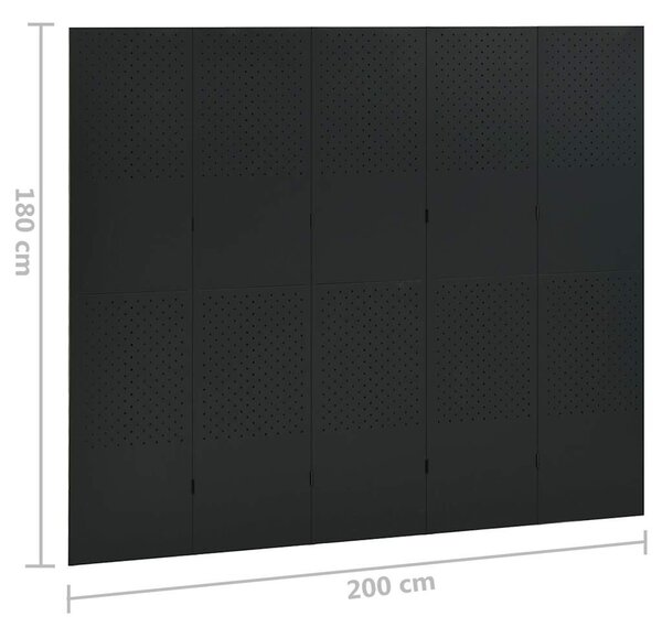 2 db fekete acél 5-paneles térelválasztó 200 x 180 cm