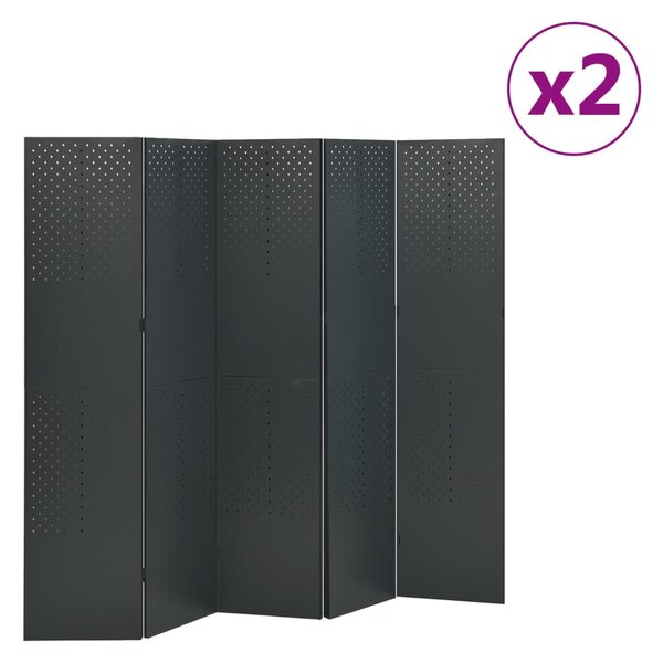 2 db antracitszürke acél 5-paneles térelválasztó 200 x 180 cm