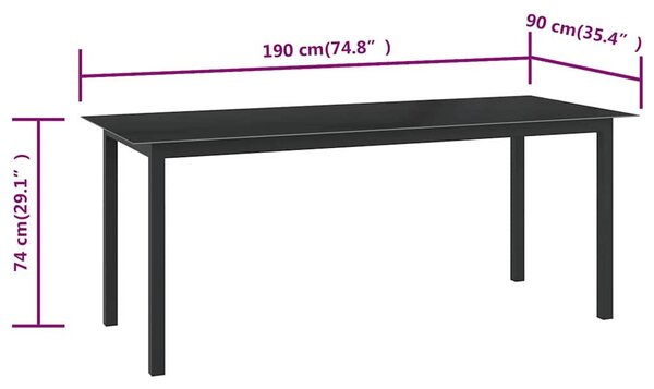 Fekete alumínium és üveg kerti asztal 190 x 90 x 74 cm