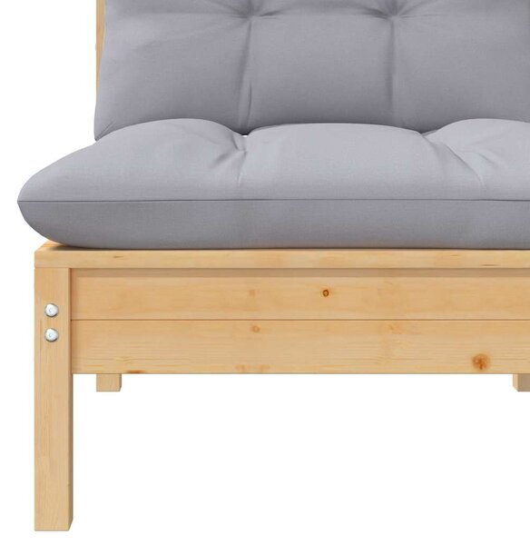 3 részes tömör fenyőfa kerti ülőgarnitúra szürke párnákkal