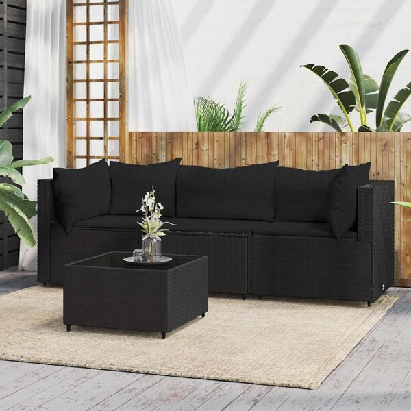 4 részes fekete polyrattan kerti ülőgarnitúra párnákkal