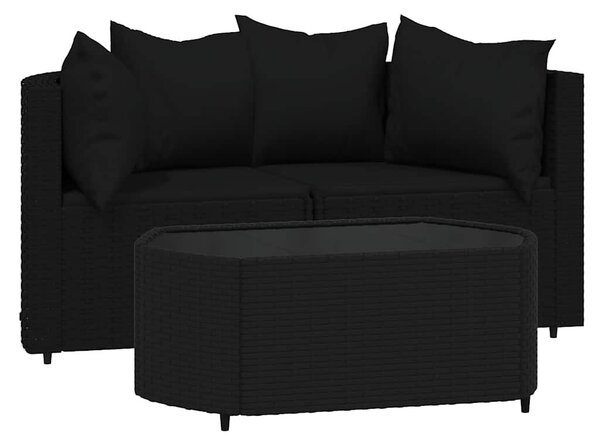 3 részes fekete polyrattan kerti ülőgarnitúra párnákkal