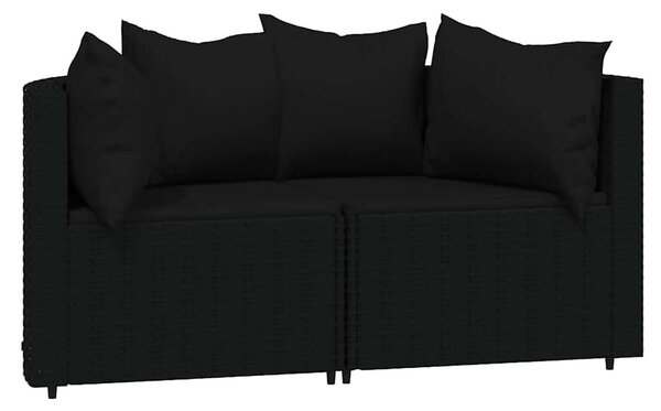 2 db fekete polyrattan kerti sarokkanapé párnákkal