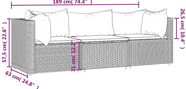 3 részes fekete polyrattan kerti ülőgarnitúra párnákkal