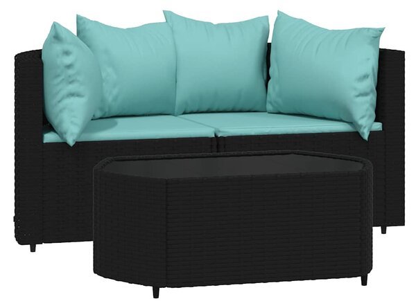 3 részes fekete polyrattan kerti ülőgarnitúra párnákkal