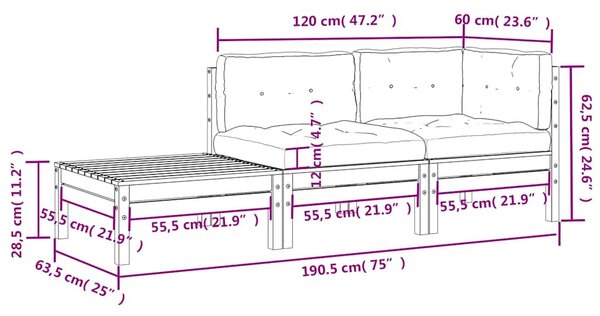 3 részes tömör fenyőfa kerti ülőgarnitúra krémszínű párnákkal