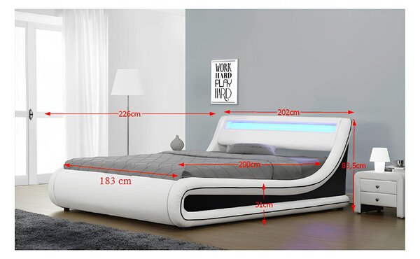 KONDELA dupla ágy RGB LED világítással, fehér/fekete, 180x200, MANILA NEW