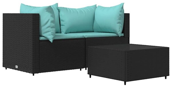 3 részes fekete polyrattan kerti ülőgarnitúra párnákkal