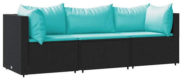 3 részes fekete polyrattan kerti ülőgarnitúra párnákkal