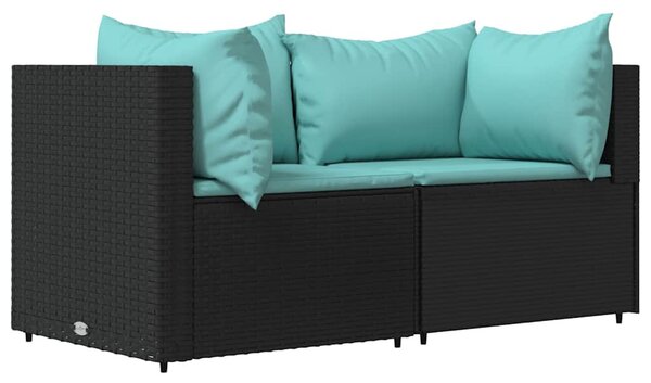 2 db fekete polyrattan kerti sarokkanapé párnákkal