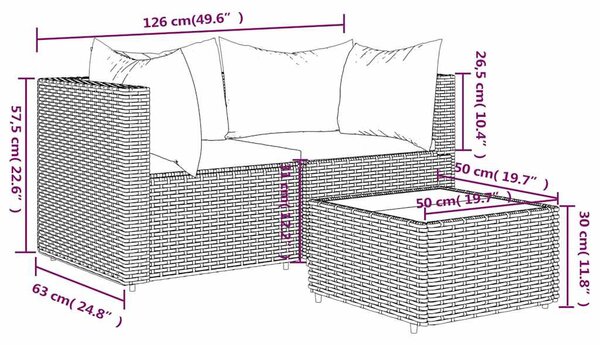 3 részes fekete polyrattan kerti ülőgarnitúra párnákkal