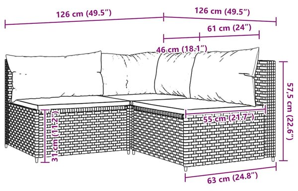 3 részes barna polyrattan kerti ülőgarnitúra párnával