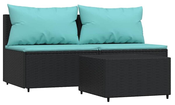 3 részes fekete polyrattan kerti ülőgarnitúra párnákkal