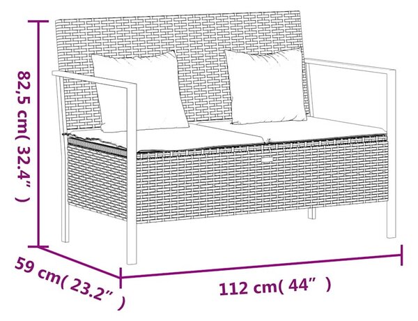 Fekete 2 személyes polyrattan kerti pad párnával
