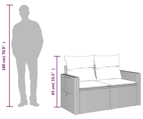 2 személyes fekete polyrattan kerti kanapé párnával