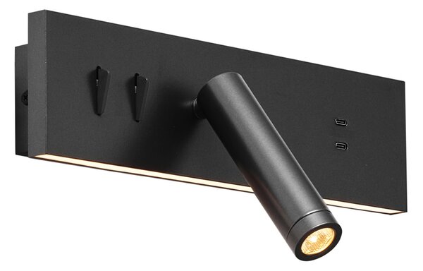 Modern fekete állítható fali lámpa USB-C csatlakozóval, LED-del - Modric