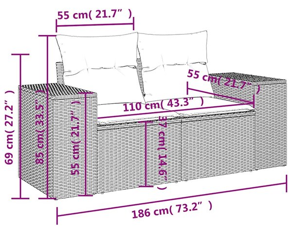 2 személyes szürke polyrattan kerti kanapé párnával