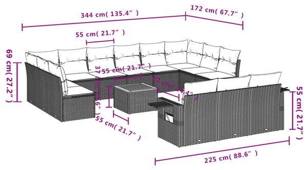 14 részes szürke polyrattan kerti ülőgarnitúra párnákkal
