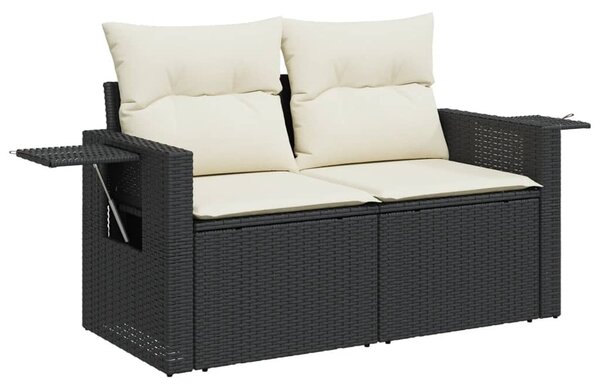 2 személyes fekete polyrattan kerti kanapé párnával