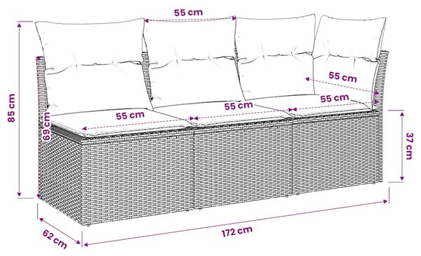 3 személyes bézs polyrattan kerti kanapé párnával