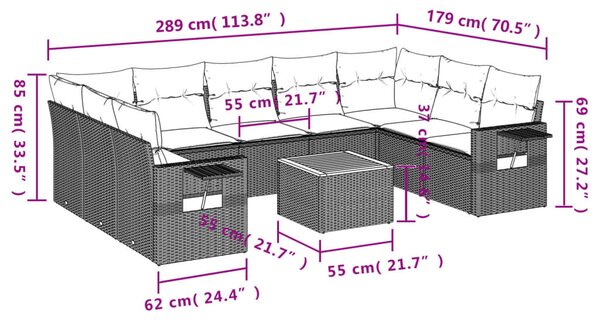 10 részes fekete polyrattan kerti ülőgarnitúra párnákkal