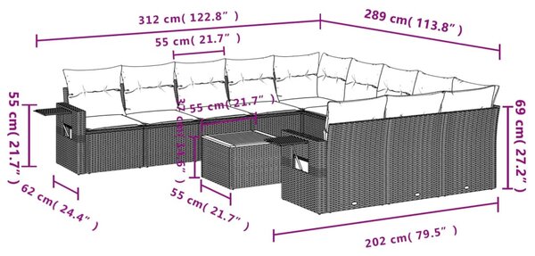 12 részes fekete polyrattan kerti ülőgarnitúra párnákkal