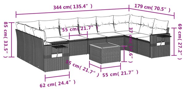 11 részes fekete polyrattan kerti ülőgarnitúra párnákkal